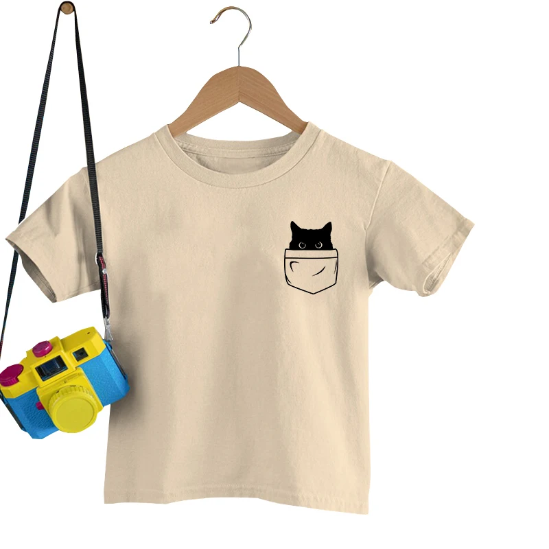 Cool Cat Pocket Print T-shirts Children Boys Girls Summer Short Sleeve T-shirt Loose Kids Print Tops Round Neck Solid Color Tops