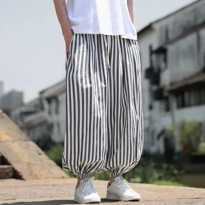 Spring Summer Men's Belt-Leg Bloomers Loose Striped Harem Casual Pants Male Elastic Waist Streetwear Casual Trousers Plus Size