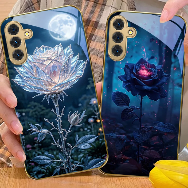 

Blue Rose Petals For Samsung Galaxy S20 FE S21Plus S22 S23 Plus S24 Ultra 25Ultra S21+ S9+ 22Plus S22+ Golden glass phone case