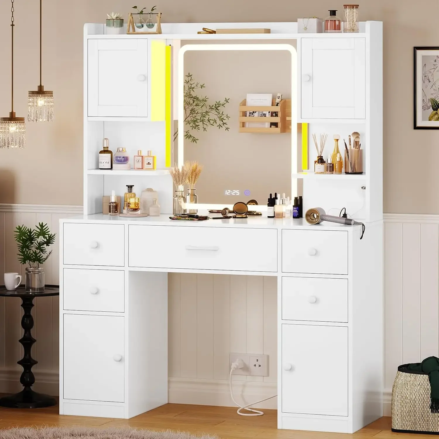 Large Vanity Desk with Mirror and Lights, Makeup Vanity with Lights and Charging Station, Vanity Table with Smart Mirror