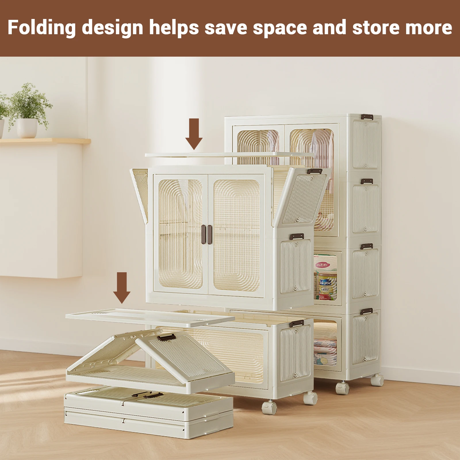 70cm Breite Stapelbare Aufbewahrungsboxen mit Deckeln Magnetische Türen Räder Zusammenklappbare Kunststoff-Schubladenorganizer für Wohnzimmer Kleiderschrank – Detail 4