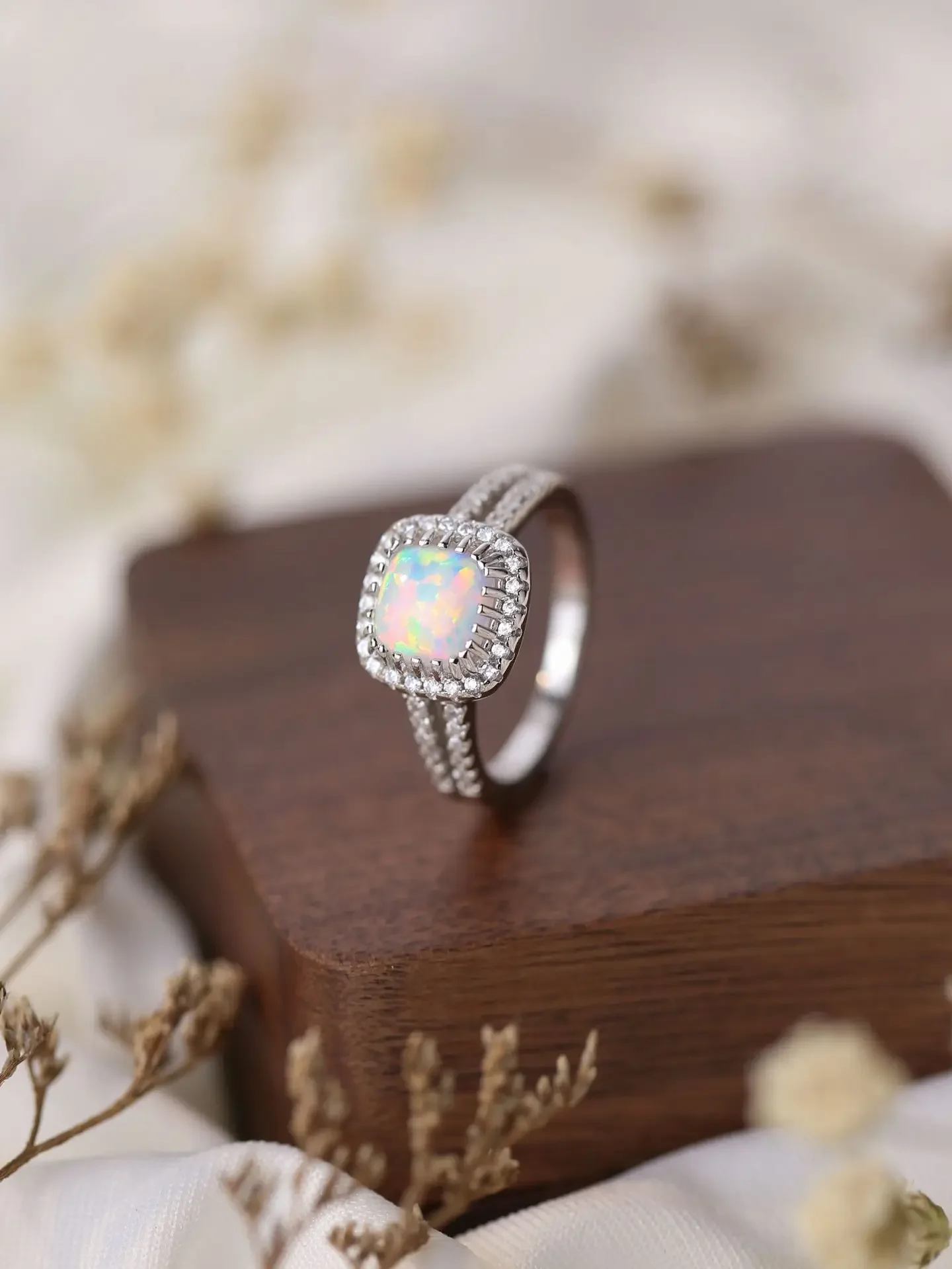 Double Layer Pure 925 Silver Women's Ring Inlaid with 2 Row of Zircon and a Square Dazzling Opal with Exquisite Style for Office