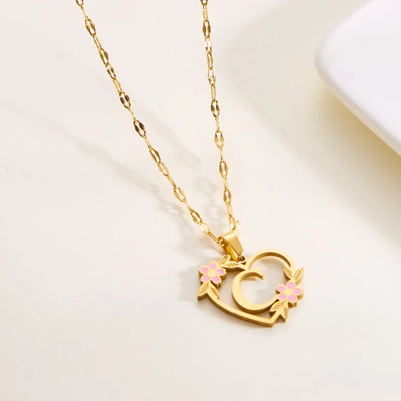 Enamel Cherry Blossom Necklace Gold Plated Hear Initial Name Flower Necklace  Wedding Party Bridal Bridesmaid Accessories