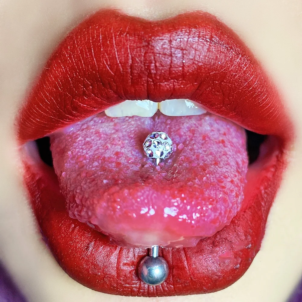 1PC Anti-Allergy Surgical Steel Tongue Rings Women Handmade Epoxy Coated Crystal Piercing Tongue Barbells Piercing Jewelry 14g