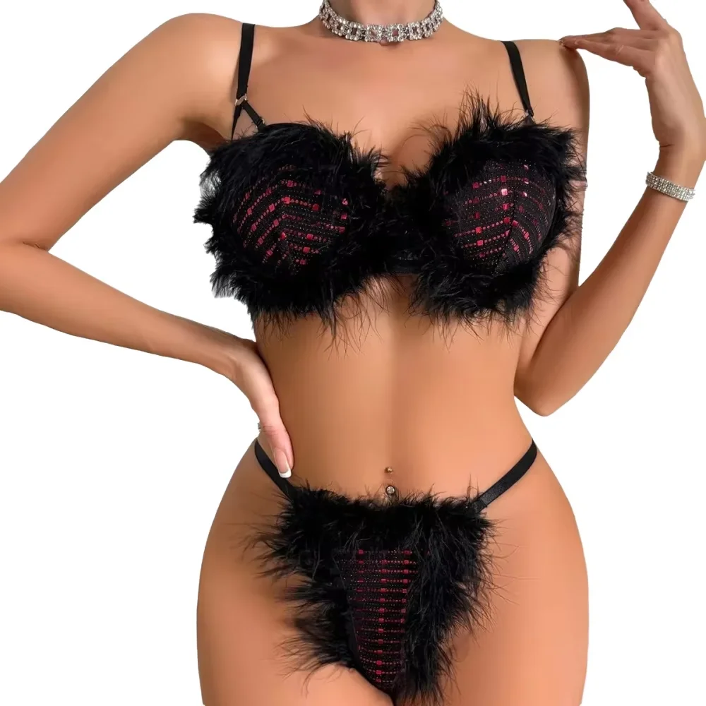 

CHUANGERM New Fashion Furry Feather Bra & Panty Set Women's Sexy Lingerie 2-Piece Summer Luxury Underwear Set