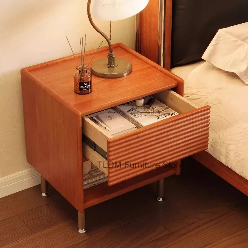 Rippled Panel Single Drawer Nightstand, Open Lower Storage Nook Slender Metallic Support Legs Minimalist Wooden Bedside Cabinet