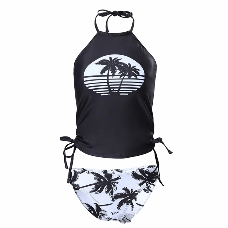 Female Beach Suit Swimwear Bathing Set Women Elegant Fashion Coconut Tree Print Drawstring Ruched Halter Tankini Two Piece Set