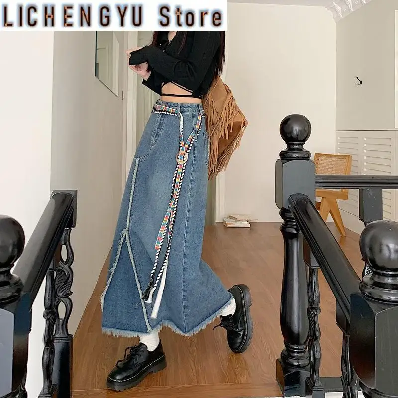 Women A-line Irregular Edge Design Thin Denim Skirt Cool Girl Vintage Fashion Summer Female Straight Loose Ankle-length Skirts