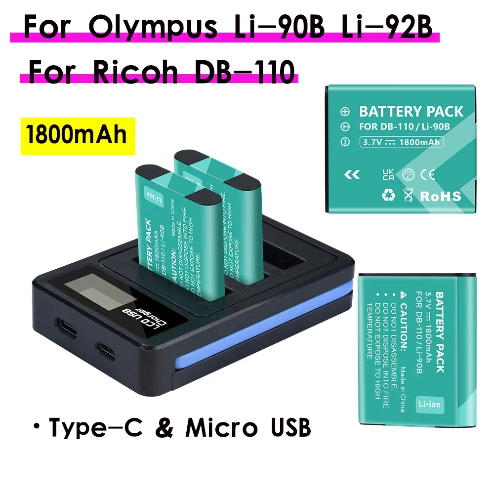 1800mAh Battery for Olympus Li-90B Li-92B Tough TG-7 TG-5 TG-6 TG-4 Battery for Ricoh DB-110  GR III GR IIIX  + 3 Slots  Charger