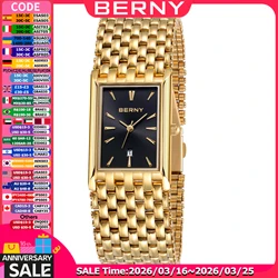 BERNY MIYOTA Quartz Watch Men Luxury Brand Men's Wristwatch Water Resistant Square Clock Stainless Steel Golden Man Watch 2023