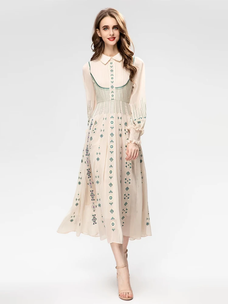 

SEQINYY Elegant Beige Dress Summer Spring New Fashion Design Women Runway Vintage Embroidery Flower High Street A-Line Party