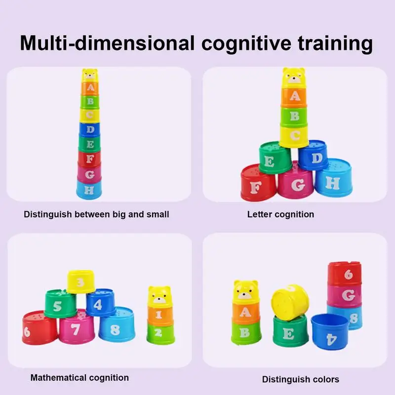 หมายเลขและตัวอักษรของเล่นเพื่อการศึกษาเด็กสนุกซ้อนถ้วยของเล่นสนุก Rainbow ถ้วย Stacking Tower ของเล่น