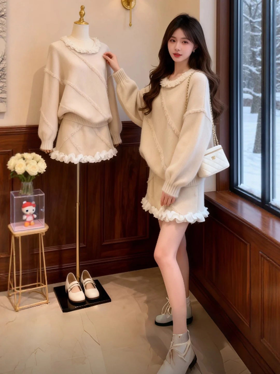 

Теплый вязаный комплект из свитера и юбки: уникальный и красивый зимний женский костюм, удобный...