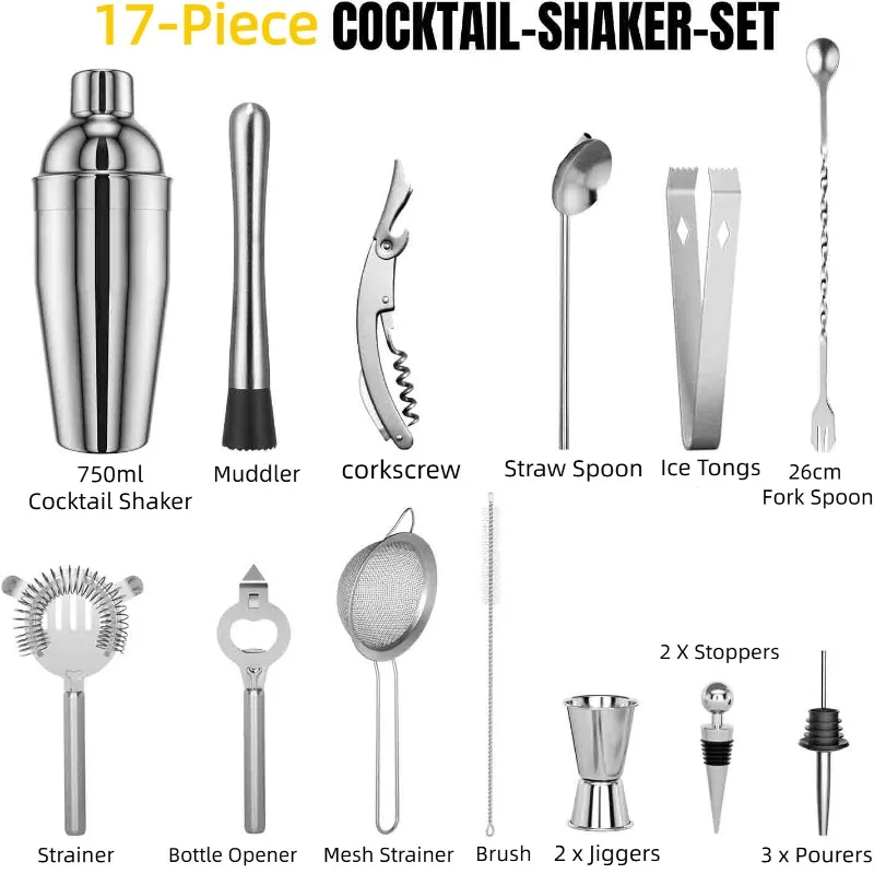17Pcs Eco Friendly Stainless Steel Cocktail Shaker Bar Kit 750ml Full Mix Tools For Wine Whiskey Cocktail Making Home Bar Party