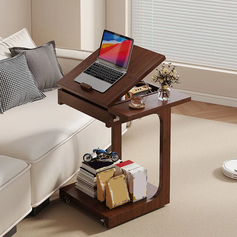 Mobile C-shaped Side Table Adjustable Flip Bedside Table Multifunction Tea Table Space-Saver Organizer For Balcony Living Room
