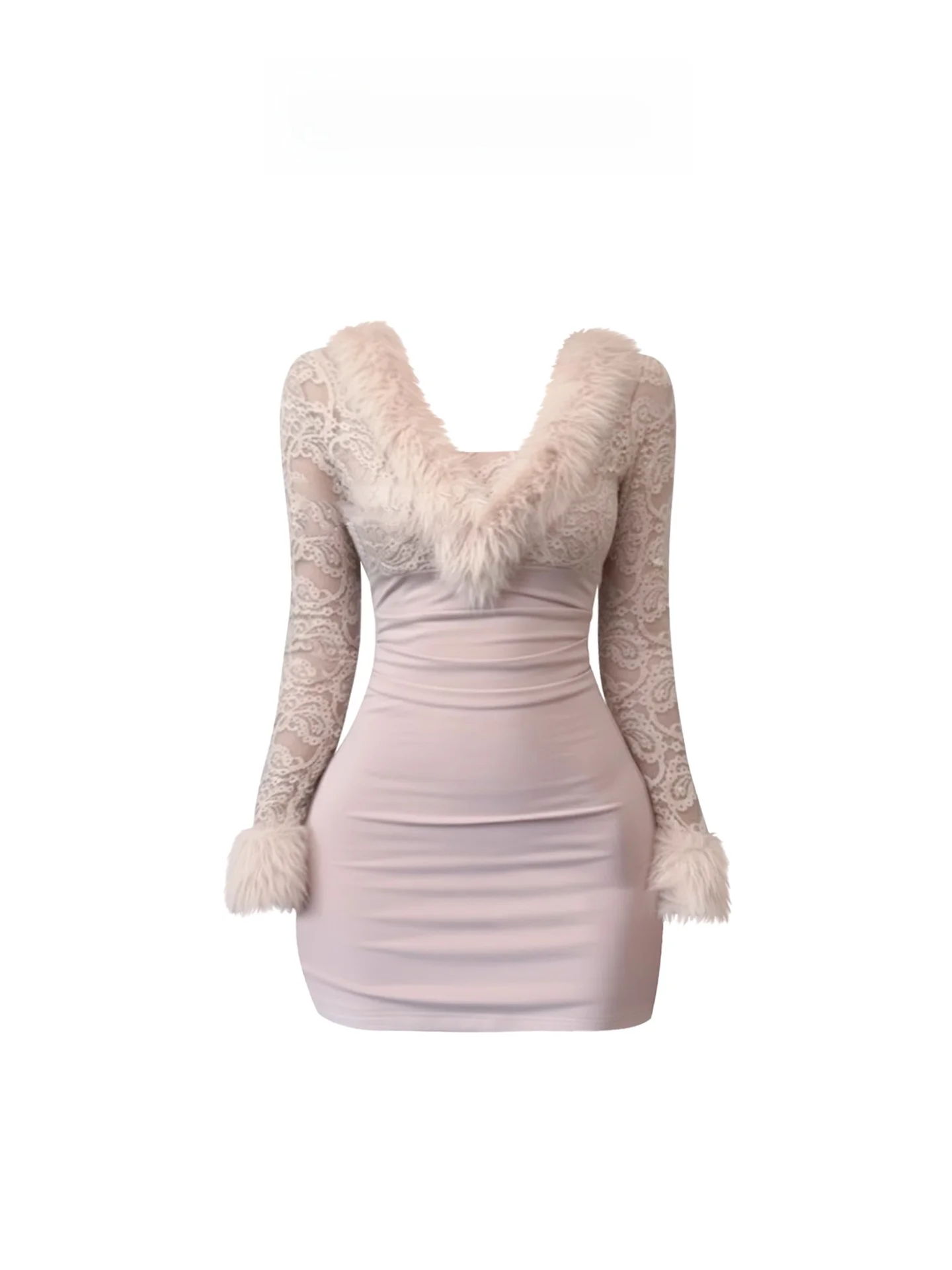 

HEZA Faux Fur Collar Slim Fit V-Ne Dr Women Winter Ele Sexy ort Skirt Lace French Sle plus Size Ladies Dr