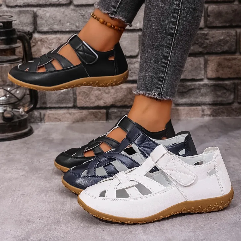 

Women's Sandals Summer Fashion Leisure Baotou Round Head Low Heel Hook and Loop Sandals Flat Sandals with Solid Color Geometry