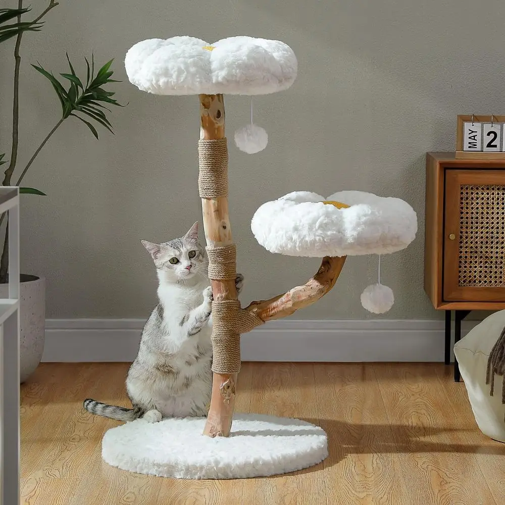 

Cat Tower with Real Wood Branches, Luxury Boho Furniture with Scratching Post and 2 Perches, Cat Climbing Tower for Indoor Cats,