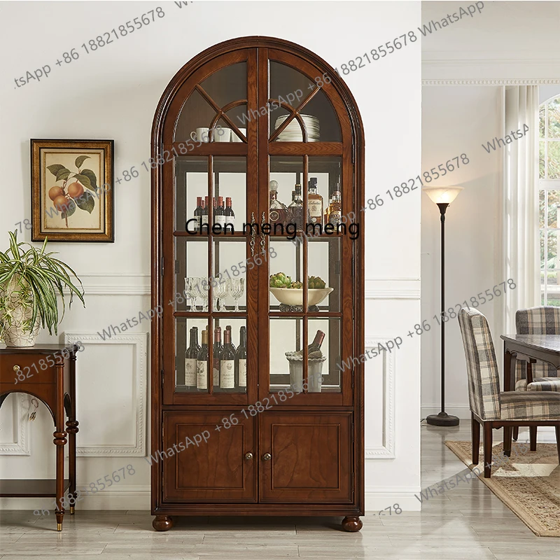 

American retro solid wood wine cabinet European living room glass display cabinet wall drawer locker