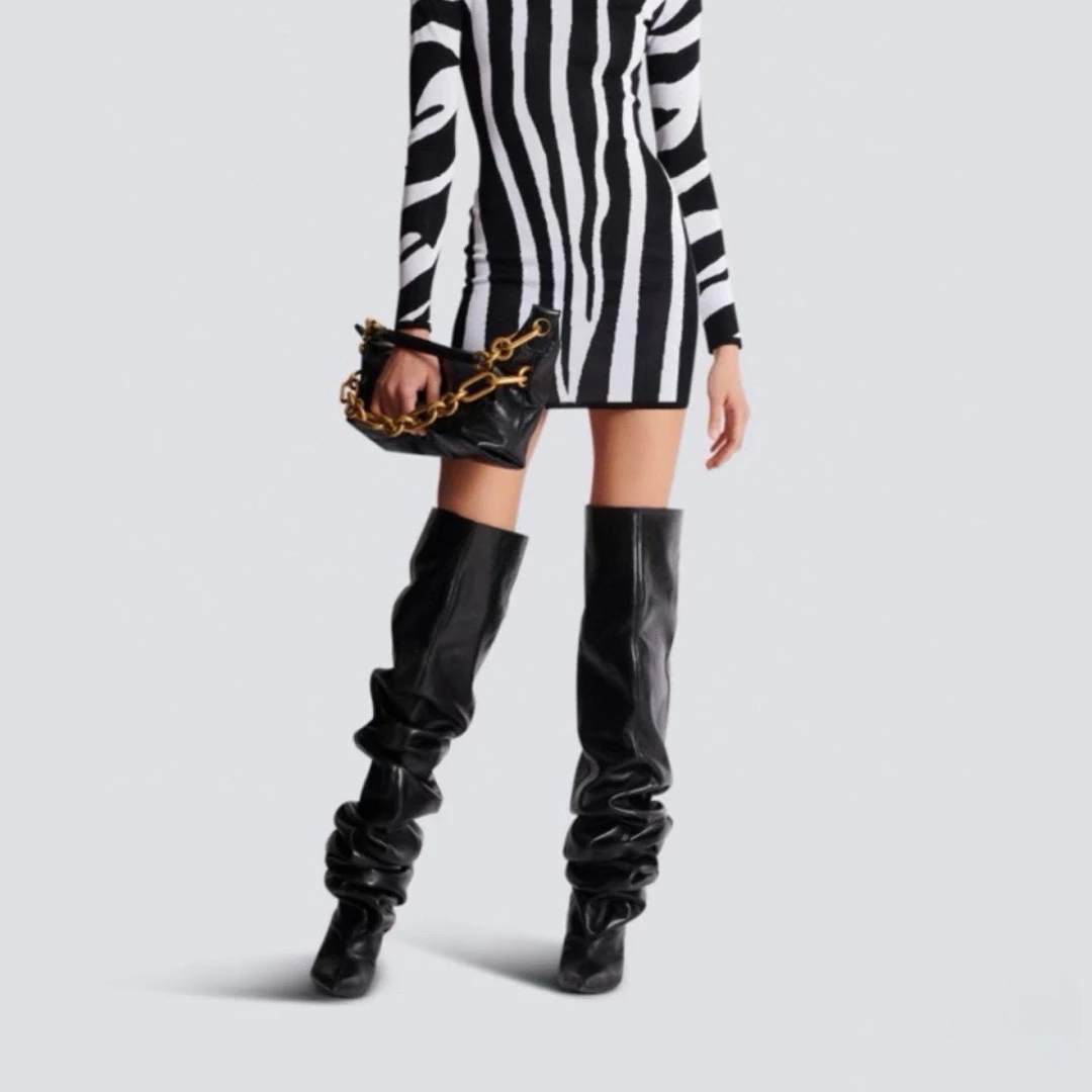 

New Hot Sale Strange Style Pointed toe Women's high boots Long women boots Pile-up boots Leather knee-high boots Size 36-42