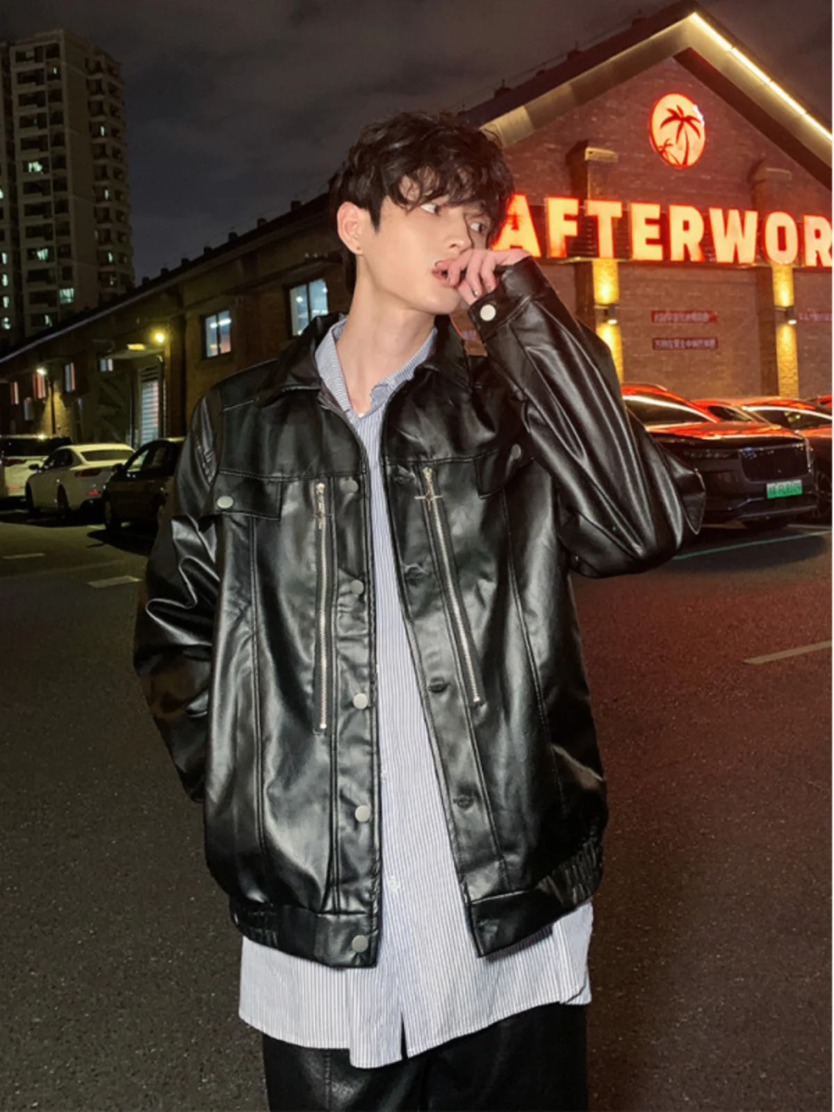 

American Sle Oversize Motorcycle Jaet for Boys Pad oulder Leather Coat Workwear Zipper ort Sle Youth Faion
