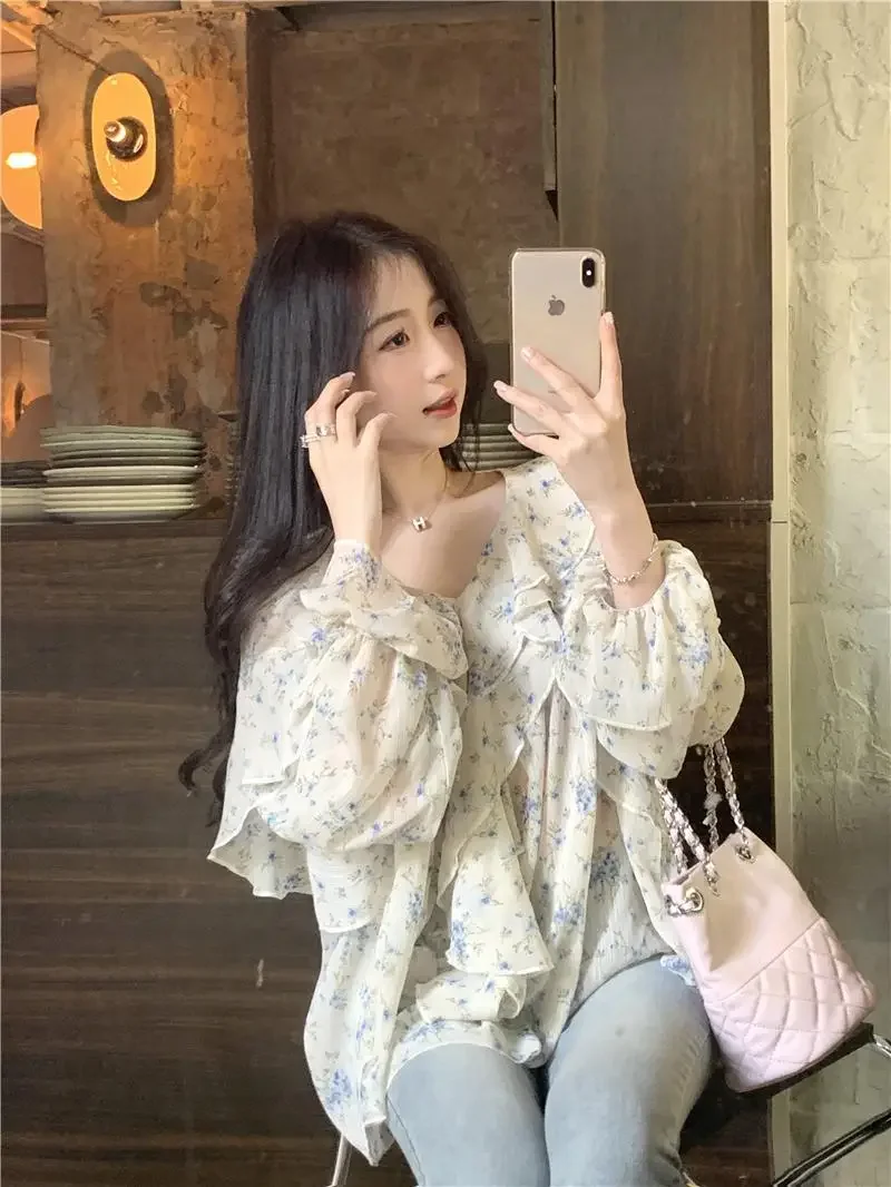 脂肪 Mm2-300 キャティーズ特大サイズデザインセンス二層ネック V ネック花柄シフォン日焼け止めシャツ女性用