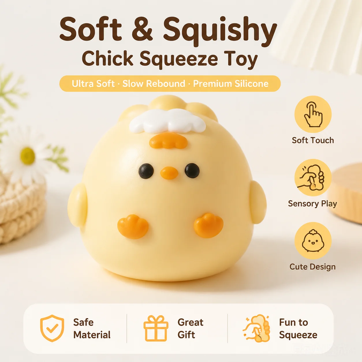 Food Grade Adorable Round Yellow Chick Squeeze Squishy Toy Lovely Facial And Paw Details Slow Rebound Stress Release Fidget Toy