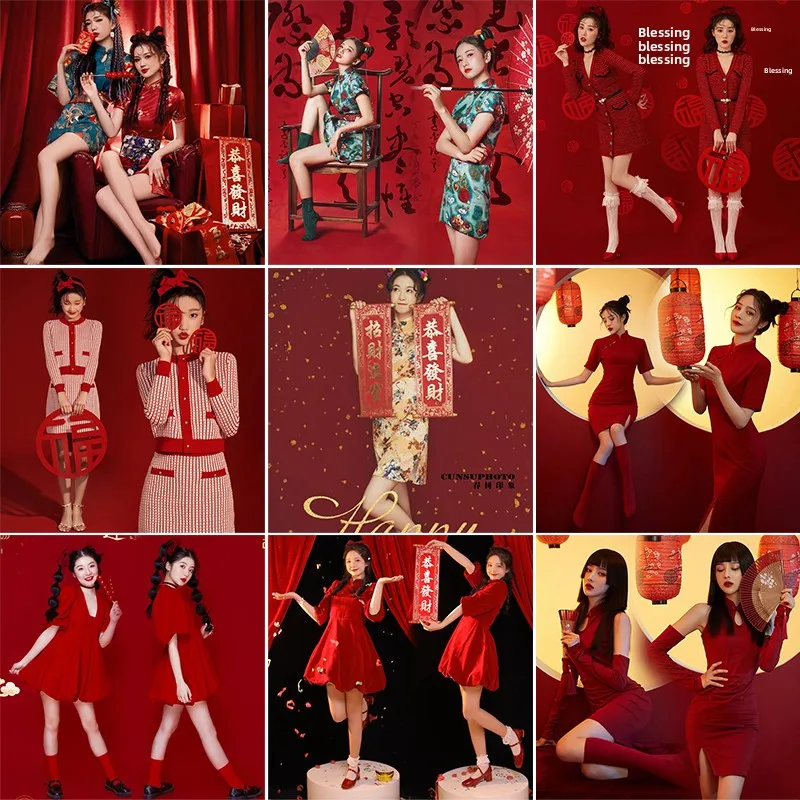 

Новогодняя тематическая фотосессия: красный традиционный китайский костюм для женщин в стиле фотостудии для индивидуальных портретов