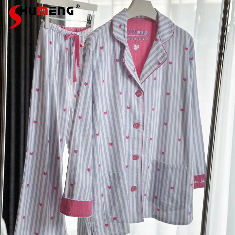 

Cotton Brushed Striped Heart Pajama Sets Female Autumn Winter Long Sleeve Long Pants Women Japanese Style Homewear Warm Set