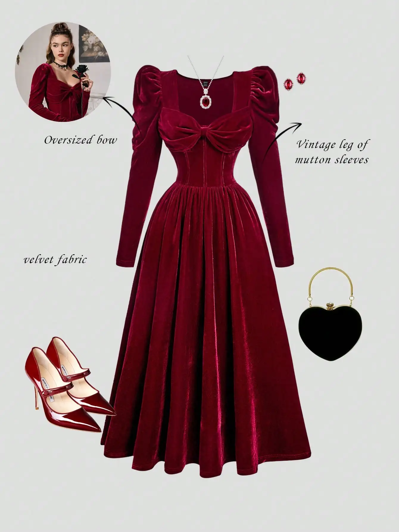 

Women's Burgundy Velvet Long Dress with Oversized Bow & Puffed Sleeves
