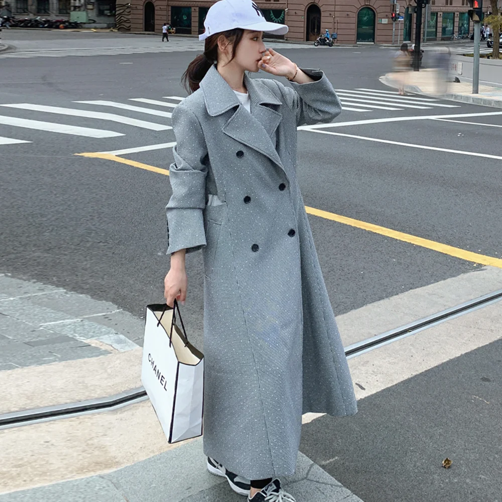 

Qianniao Grid Windbreaker Women's 2023 Spring Autumn Fashion Overcoat British Style Double Breasted Casual Long Trench Coat