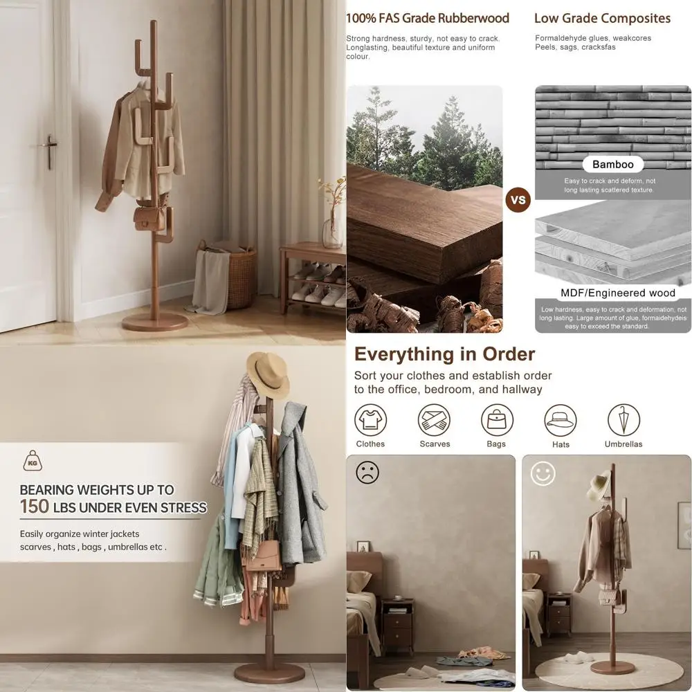 

Вешалка для одежды из массива дерева с 6 крючками - регулируемая, идеально подходит для спальни, прихожей, гостиной (цвет орех)