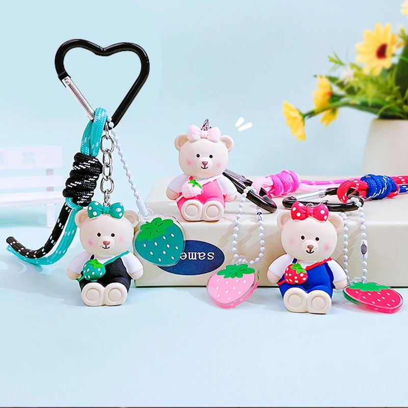 Cartoon Strawberry Bag Bear Doll Pendant Keychain Car Accessories Cute Strawberry Bow Hair Clips Sit Bear Braided Rope Key Chain