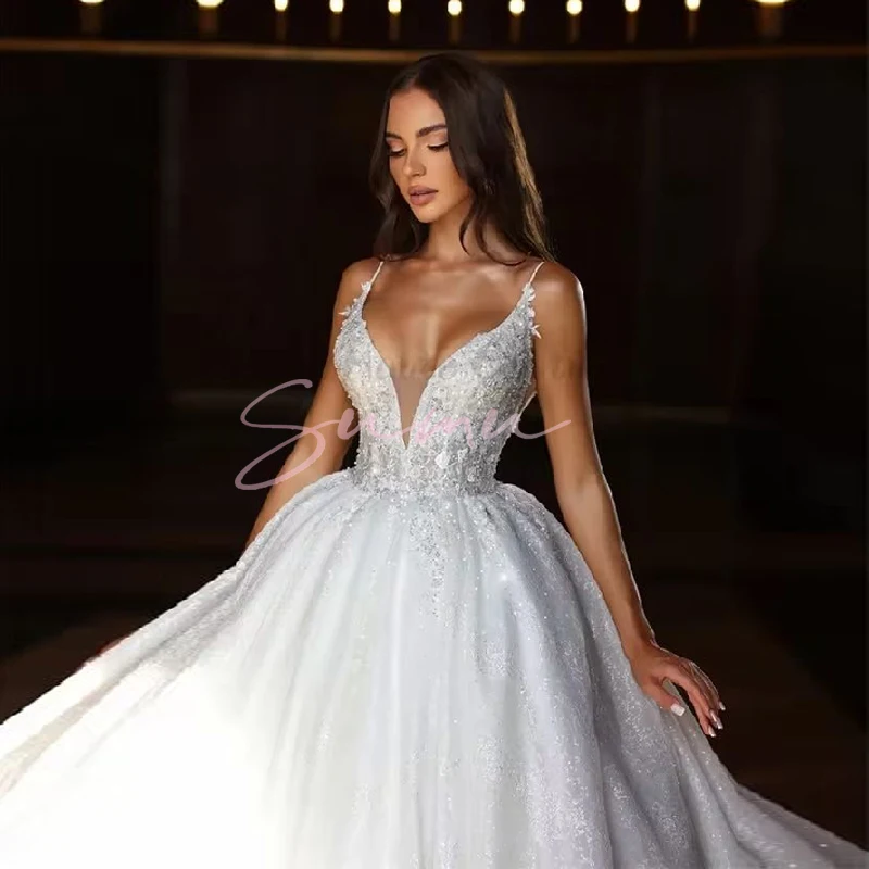 تخصيص مستقيم الاجتياح العنق بريق اللؤلؤ فستان الزفاف بلا أكمام الوهم زين فستان زفاف TrainAbito da s