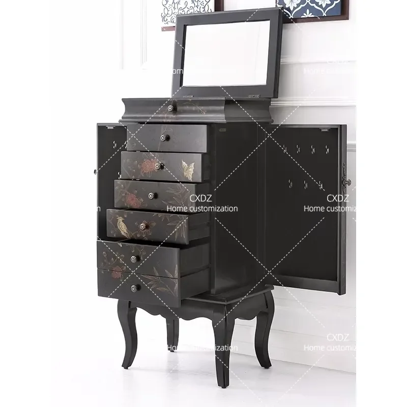Retro Painted 7 Drawer Jewelry Chest with Mirror Bedroom Storage Side Cabinet Makeup Organizer Decorative Dresser Furniture