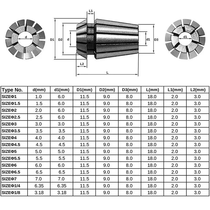 Imagem -02 - Conjunto Er11 da Mola da Precisão de 15 Peças Conjunto do Aro Er11 para a Ferramenta do Mandril do Torno de Trituração da Gravura do Cnc mm a mm e Polegadas Polegadas