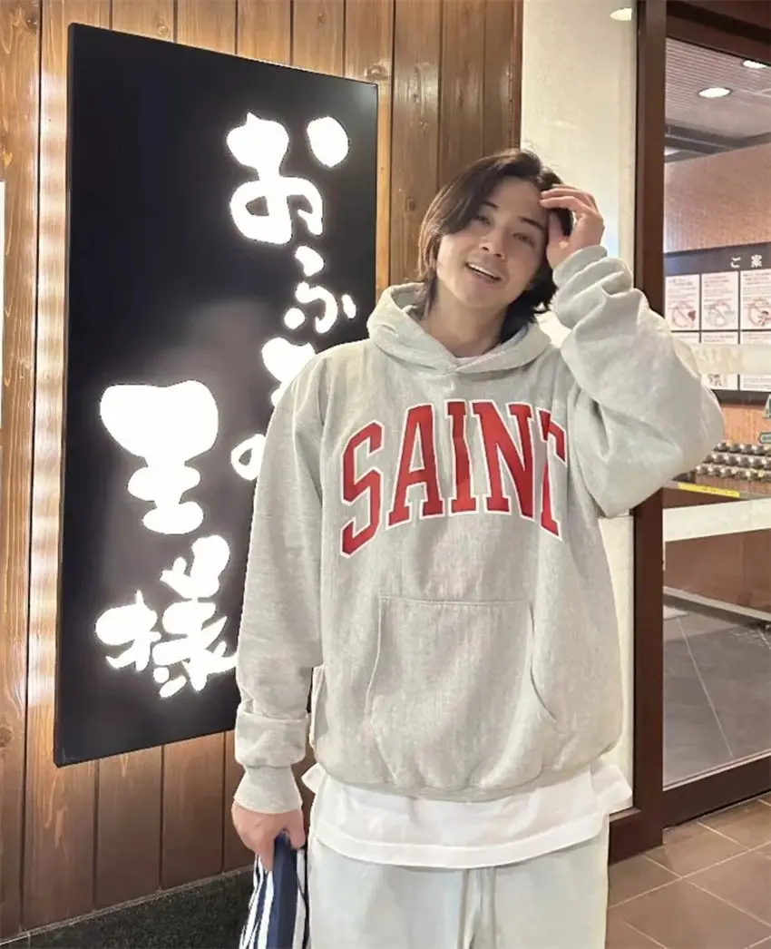 New Saint 25ss Letter Crack Print Washed Vintage High Street Casual Loose Cotton High-Quality Hoodie Fleece Trendy Men Hip Hop