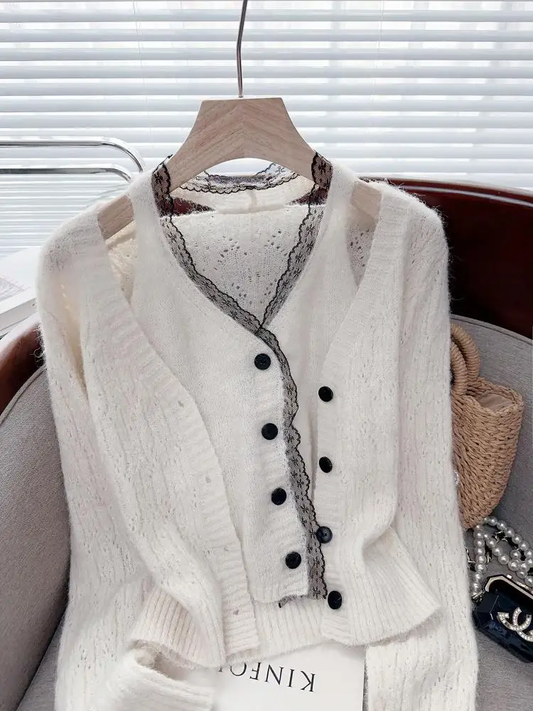 

French V-neck Patchwork Lace Slim Short Cardigan Sweaters For Women 2025 Autumn Winter Long Sleeve Knitwear Single Breasted Tops