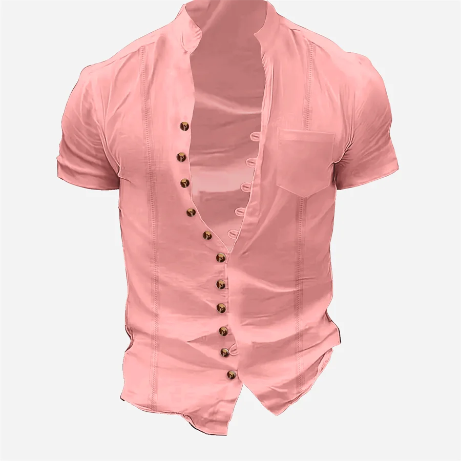 2024 summer Europe and the United States leisure men's vintage cotton hemp button-up collar short-sleeved shirt