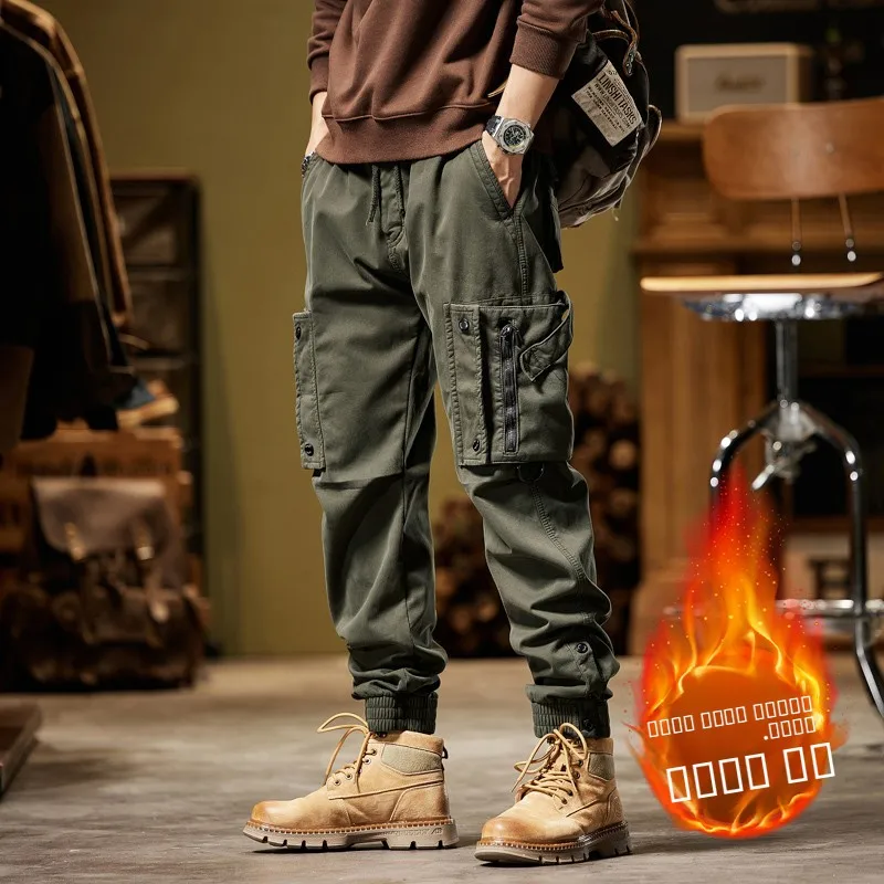 

Ретро-американские рабочие брюки на флисовой подкладке для мужчин: повседневные, для активного отдыха, осенне-зимние, с множеством функциональных карманов, для охоты