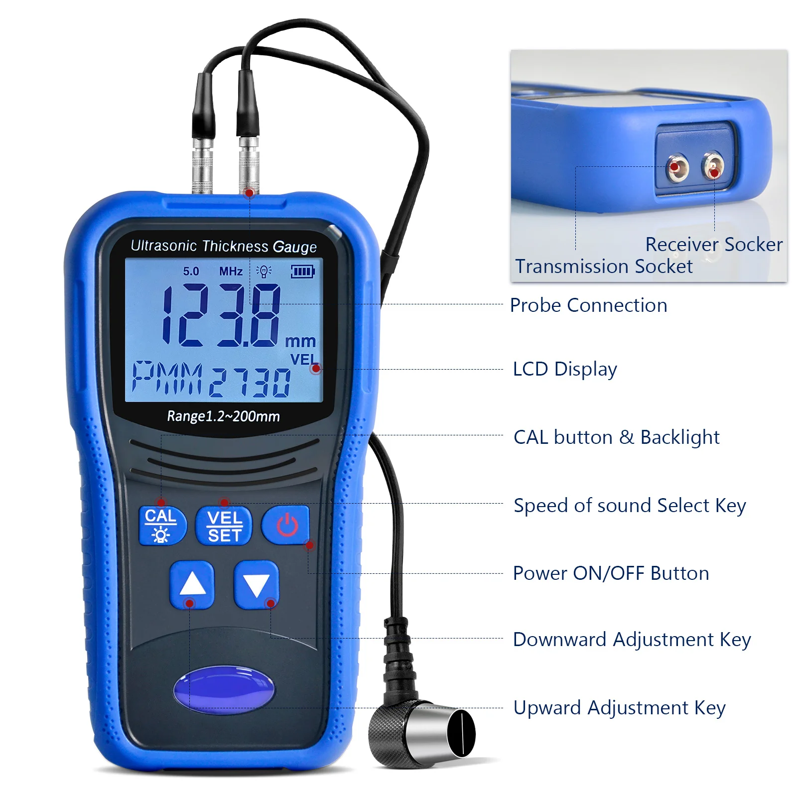 Imagem -02 - Medidor de Espessura Ultrasonic para Carros Medidores de Metal Pinte Medição Tester Espessura 1.2200 mm Adequado para Vários Materiais