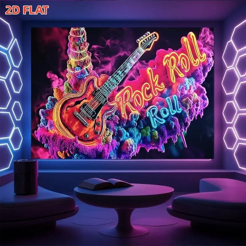 VIKAMA Neon Rock Roll Electric Guitar Coral Christmas Tapestry Purple Pink Glow Musical Instrument Colorful Reef Smoke UV Soft
