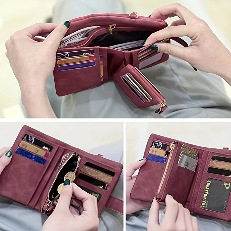 Tri-fold Short Women Wallets with Coin Zipper Pocket Minimalist Frosted Soft Leather Ladies Purses Female Pink Small Wallet image 6