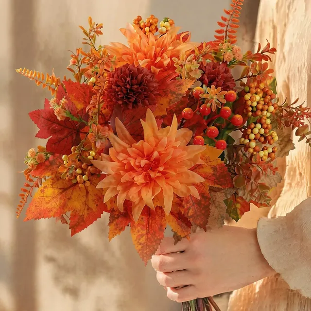 Artificial Flowers Bouquet Fake Floral Stems With Maple Leaf Pumpkin Thanksgiving Halloween Home Table Centerpiece Decoration 3