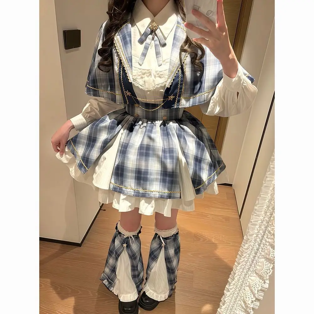 

NONSAR Singing Costume Starlight Little Idol College Style Blue Plaid Skirt Suit Short Cloak + Shirt + Pleated Skirt