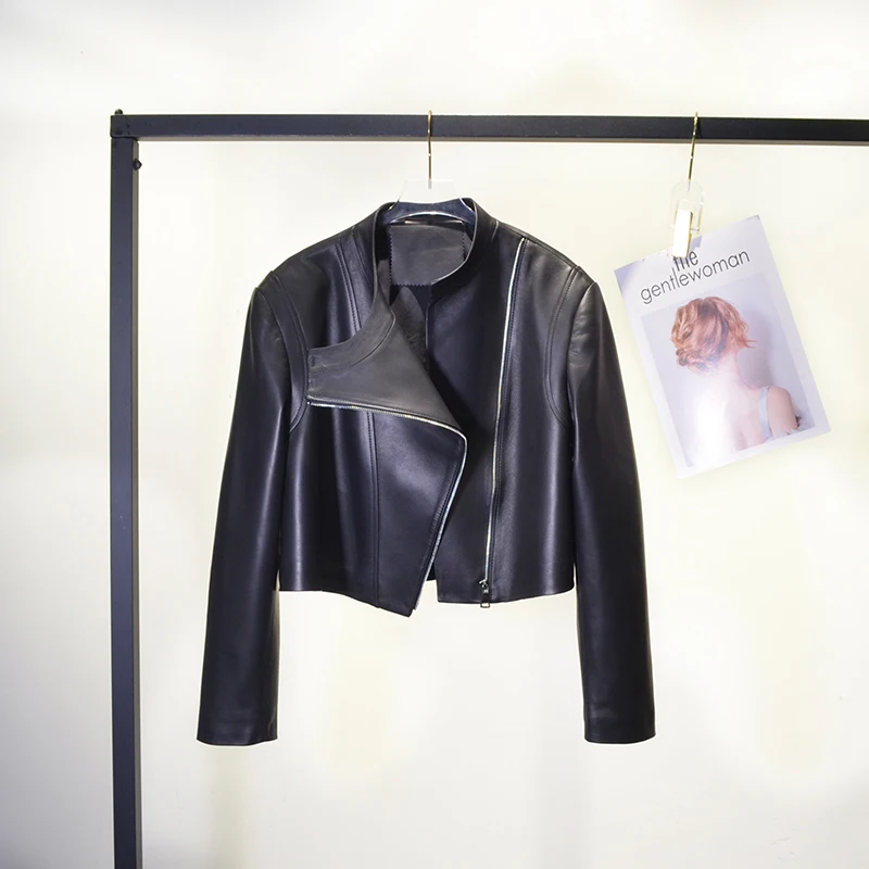 سترة قصيرة من الجلد الطبيعي للخريف والشتاء للنساء من جلد الغنم نمط جديد على الموضة الأوروبية معاطف جلدية لسائقي الدراجات النارية بسحاب أسود #1