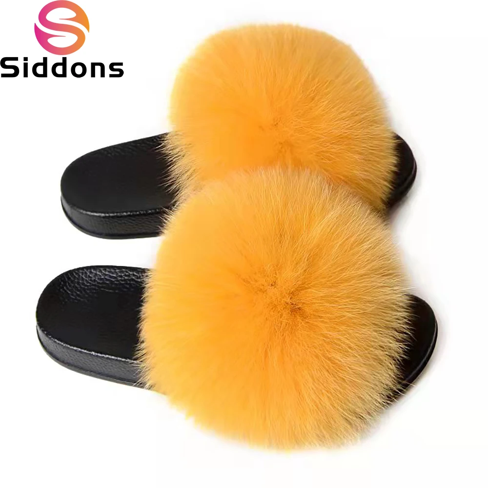 

Women Summer Fluffy Fox Fur Slippers Flat Non-Slip Solid Real Furry Fur Slides Platform Shoes Fur Sandals Plush Flip Flops Women