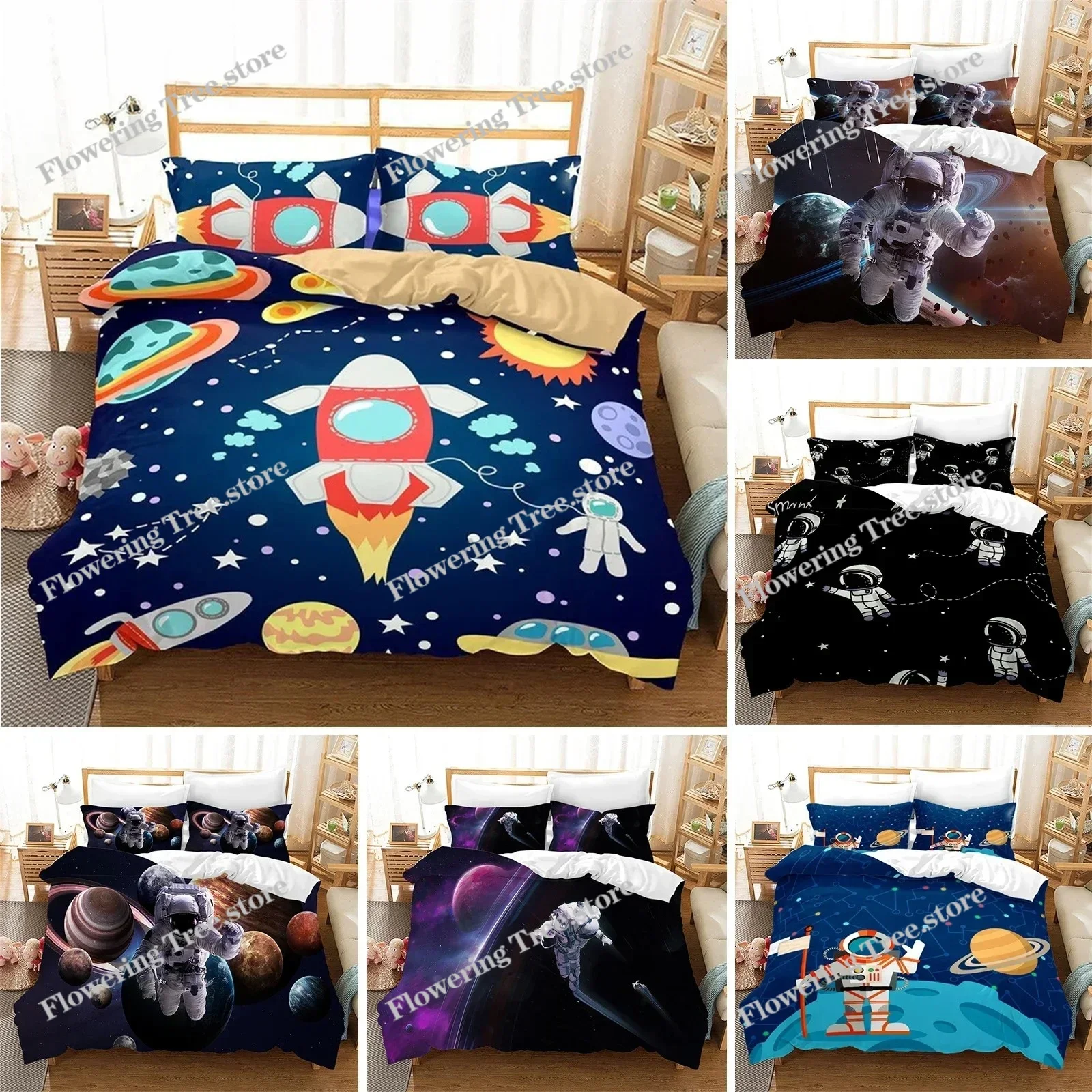 Cartoon Astronaut Duvet Cover King For Boys Girl Galaxy Space Bedding Set Microfiber Rocket Ship Space Adventure Comforter Cover
