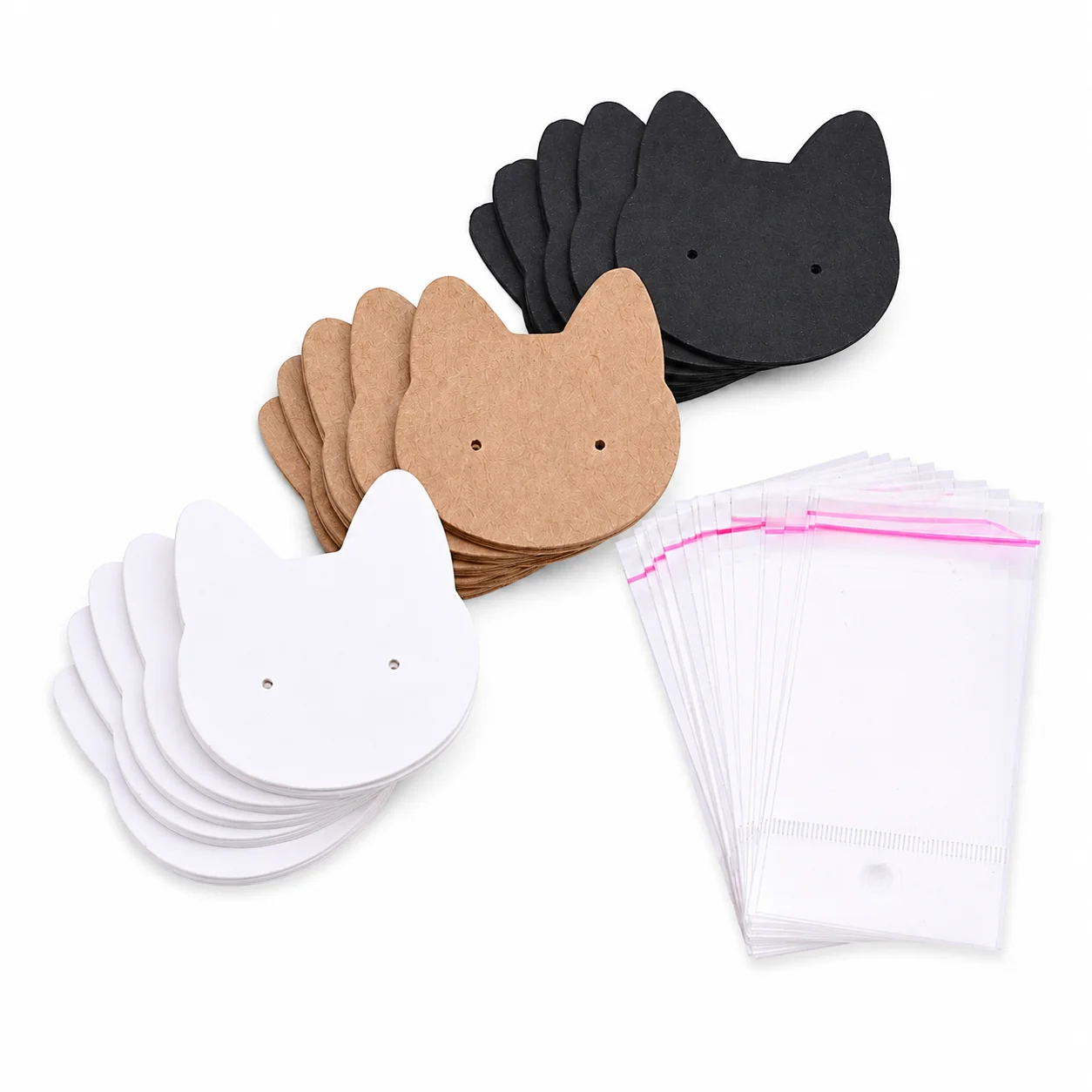 100-teiliges Set: 50 Katzenförmige Ohrring-Displaykarten und 50 selbstklebende Beutel, Kraftpapierkarten für Schmuckverpackung und -präsentation – Detail 4