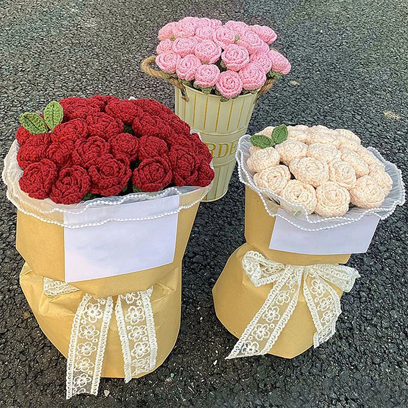 1pc Knitted Rose Woven Flower Finished Diy Floral Hand Woven Bouquet Crochet Valentine's Day Home Table Wedding Party Decoration